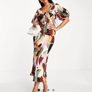 ASOS Multi-Color Tie-Front Maxi Dress with Puff Sleeves
